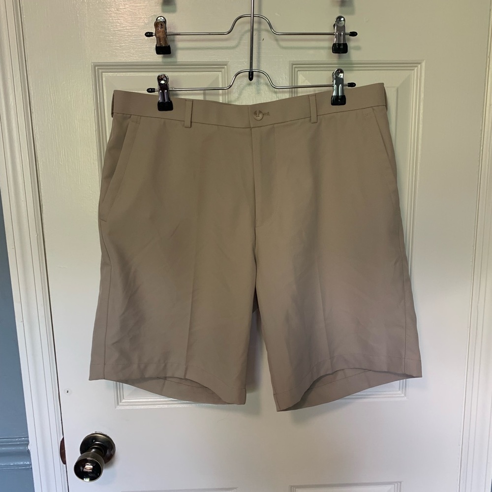 Peter Millar Khaki Shorts.  Size 34. Worn once. Flat Front. 2 way stretch